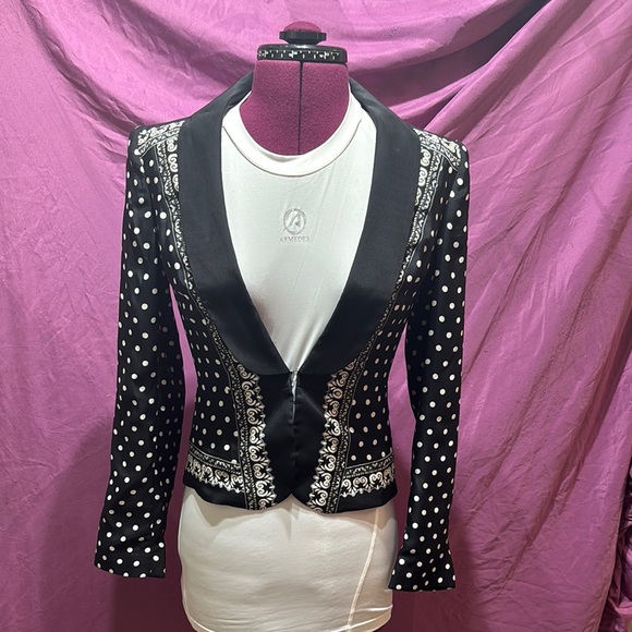 White House Black Market Women's Black Blazer with Polka Dots, 100% Silk Size 00 - Picture 2 of 6